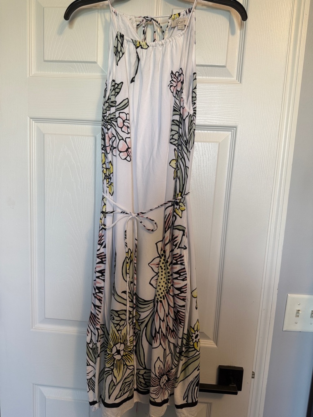 Loft Floral Sleeveless Maxi Dress in White with Pink & Yellow Blooms.